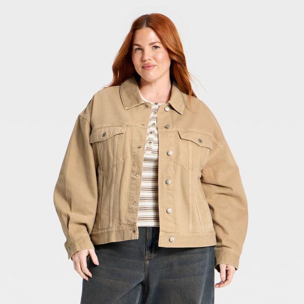 Women's Relaxed Denim Trucker Jacket - Universal Thread Khaki 3X